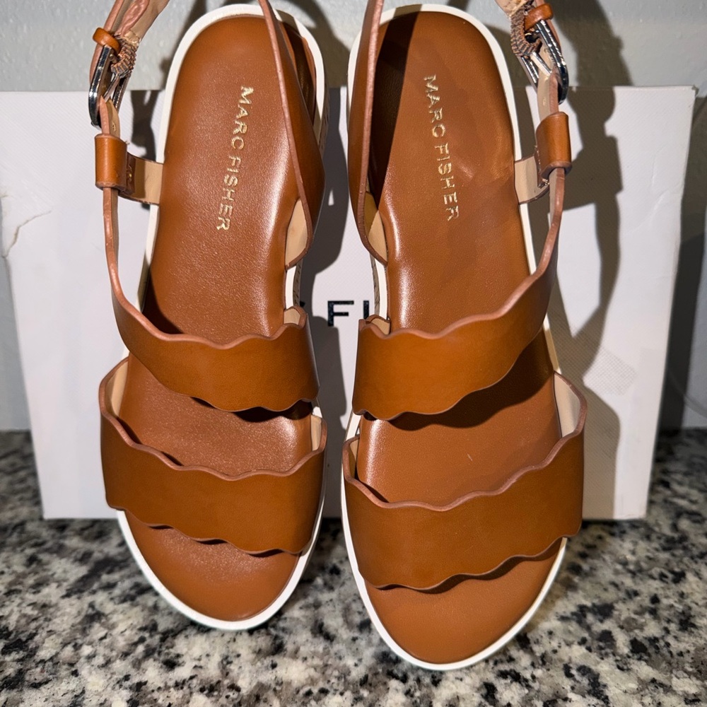 Marc Fisher Tan Scalloped Strap Sandals